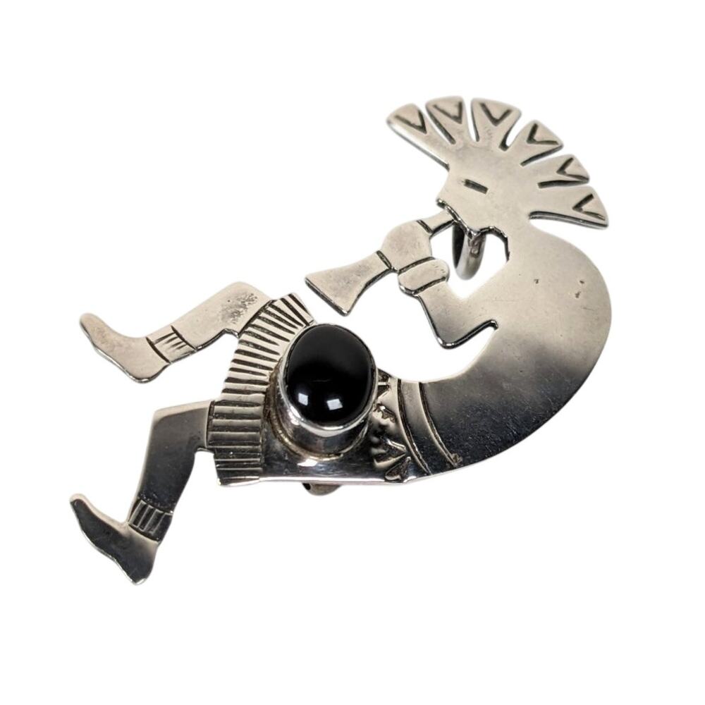 Vintage Sterling Silver Onyx Native American Signed C Kokopelli Pendant Brooch - Picture 3 of 7